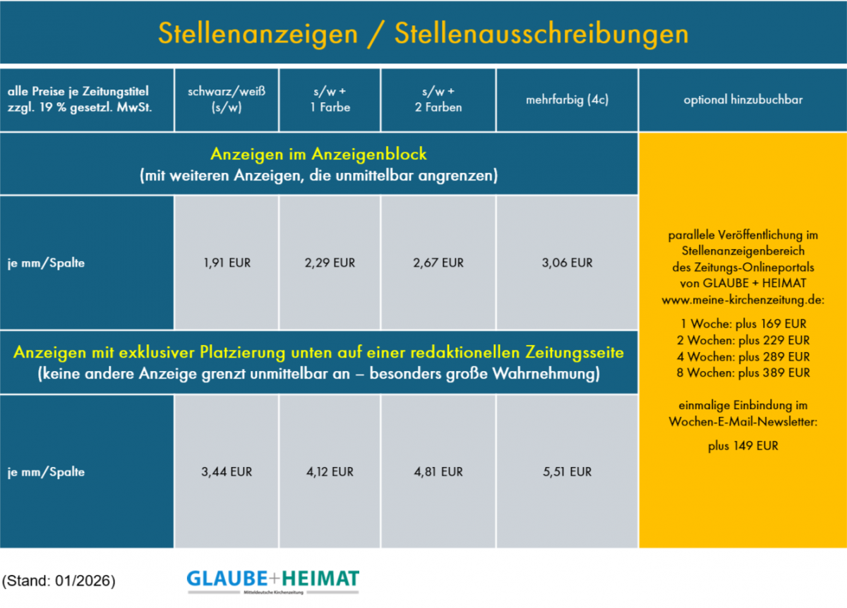 Mediadaten Preisliste Stellenanzeigen GLAUBE+HEIMAT 2026
